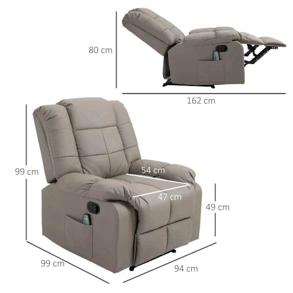 Rootz Massagestol - Elmassagestol - Avslappningsstol - Tv-stol - 8 Massagefunktion - Tiltbar Med Fjärrkontroll - Läderimitation - Grå - 94 x 99 x 99 c