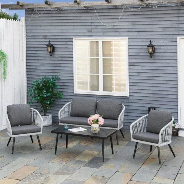 Rootz Utemöbler Set - Trädgårdsmöbler Set - 4-delad Rotting Patio Soff Set - Med 2 enkelkuddar soffor - 1 Loveseat Och 1 Soffbord - Grå