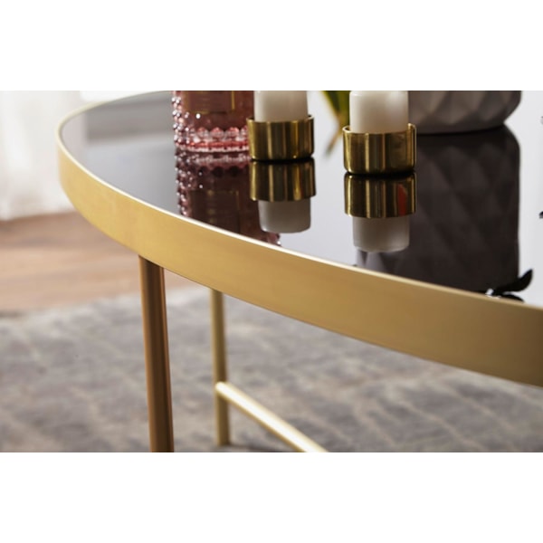Rootz design soffbord glas svart - ovalt 110 x 56 cm med guldmetall - Stort vardagsrumsbord Loungebord glasbord