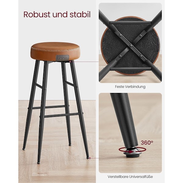Rootz Ekho Collection - 2-delad barstolsset - Karamellbrun - konstläder - Stålram - 51,6 cm x 51,6 cm x 76,2 cm