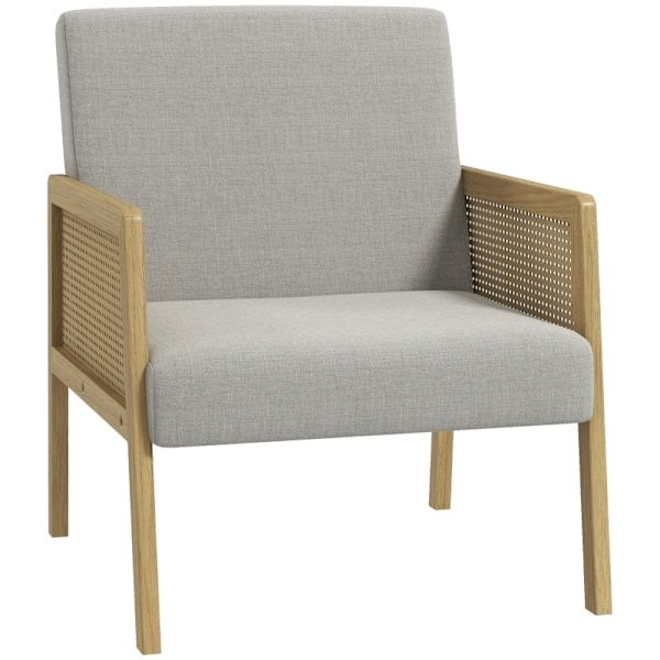 Rootz Accent Chair - Lounge Chair - Avkopplande stol - Rottinglook Armstöd - Andningsbart tyg - Golvskydd - 65,5 cm x 72 cm x 78 cm - Naturlig träram