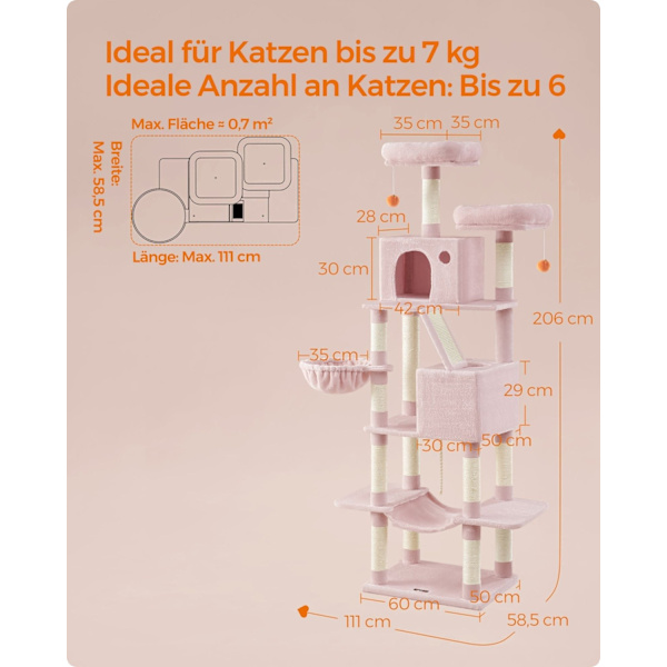 Rootz Cat-kradsestolpe - Kradser - Klatretræ - Spånpladeplys - 60 cm x 50 cm x 206 cm - Stort kattetårn - Pastelrosa - 23,5 kg