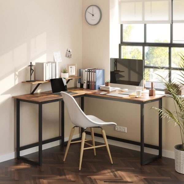 Rootz L-formet skrivebord med skærmstativ til at studere, spille, arbejde - Justerbare ben - Metalramme - Rustik brun - (140 x 130 x 76/91,5 cm)