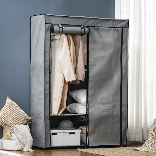 Rootz Stofgarderobe - Transportabelt stofskab - Sammenfoldelig knagerække - 4 hylder - 2 hængeskinner - Stål+Non-woven - Lysegrå - 118 x 49 x 170 cm