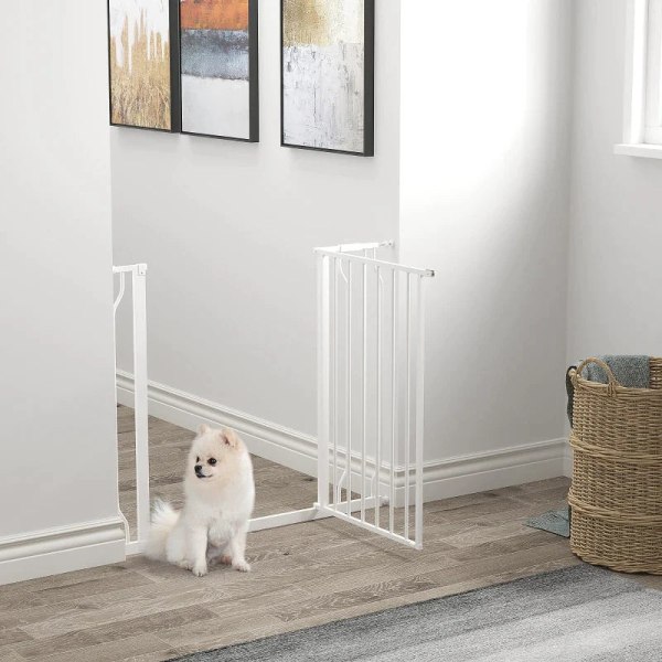 Rootz Dog Gate - Barriere - Tovejs åbning - Vægmontering - Snaps - Nem installation - Justerbar - Robust stålramme - Hvid - 73L x 76H cm
