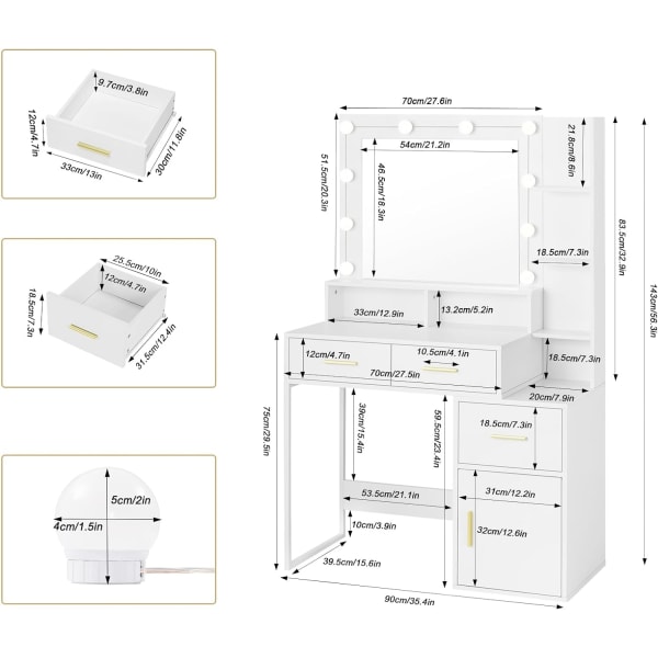 Rootz Sminkbord med LED-spegel - Sminkbord - Justerbar ljusstyrka, rymlig förvaring, hållbar konstruktion - 90 cm x 143 cm x 39,5 cm