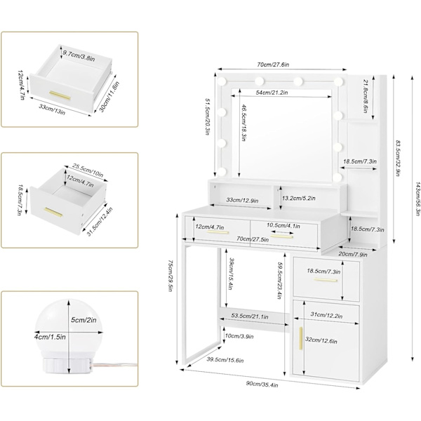 Rootz Toiletbord med LED-spejl - Vaskebord - Makeupbord - Justerbar lysstyrke, rummelig opbevaring, holdbar bygning - 90 cm x 143 cm x 39,5 cm