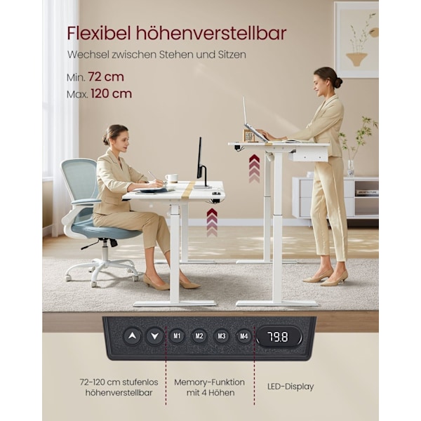 Rootz elektrisk stående skrivebord - Justerbart bord - Sit Stand-skrivebord - Spånplader og stål - 70cm x 160cm x (72-120)cm - Cloud White-Golden Oak