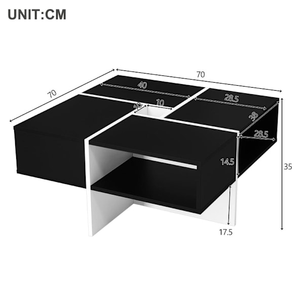 Rootz Modern Square Soffbord - Vardagsrumsbord - Svart och vitt bord - Rymlig förvaring - 70L x 70W x 35H cm