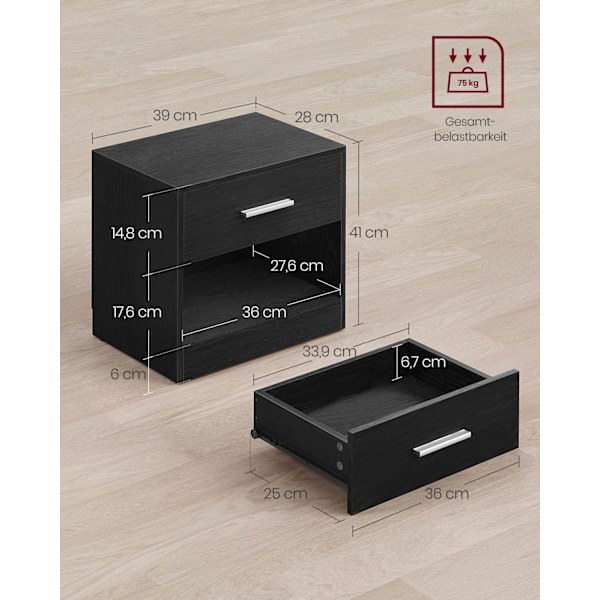 Rootz spånplade sidebordssæt - Klassisk sort - Sengeborde - Natbord - 5,7 kg - 28 cm x 39 cm x 41 cm - Skuffekapacitet 5 kg - Samlet kapacitet 75 kg