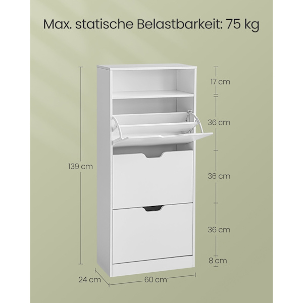 Rootz Skoskåp - Vit spånskiva Förvaringsorganisator - Stort skoställ - Robust konstruktion - Enkel montering - 24cm x 60cm x 139cm