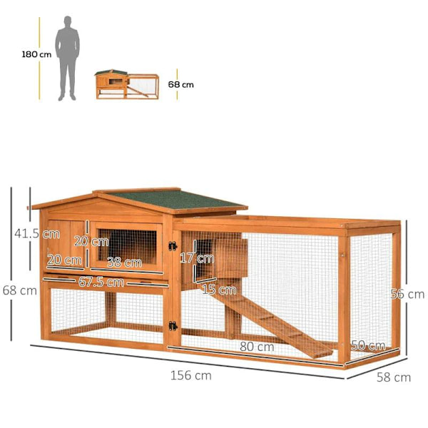 Rootz Small Animal Hutch - Rabbit Hutch - Rabbit Hutch And Run - Bunny Cage - Marsvinshus i trä - Med skjutbricka - Granträ - Gyllene röd - 156 x 58 x