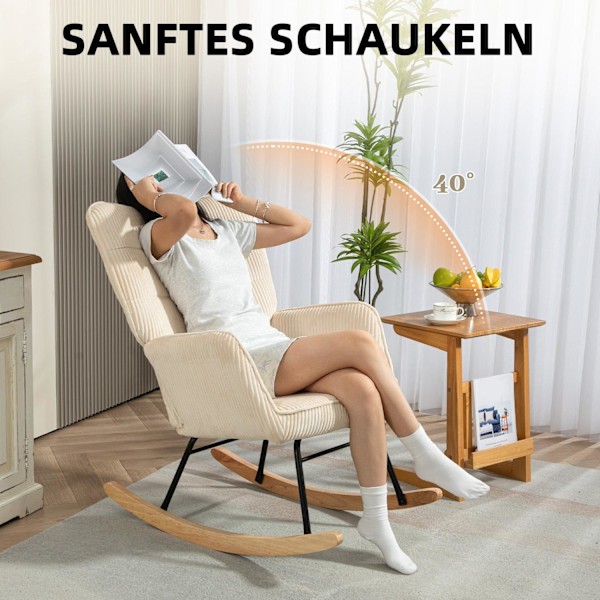 Rootz Vintage Rocking Chair - RECLINER - Afslappende stol - Tyk polstring - 98 cm x 71 cm x 101 cm - Beech Wood & Steel - Brown