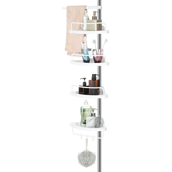 Rootz Bruseholder - Brusehylde - Badeværelseshylde - Justerbar højde - Hjørne - 95-300 cm - Rustfrit stål - 4 niveauer - 3 kroge - Hvid-sølv