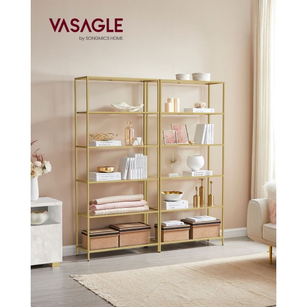 Rootzin kultainen metalli- ja lasihylly - Esittelyteline - Säilytysteline - Tyylikäs muotoilu - Tukeva rakenne - Helppo koota - 30 cm x 80 cm x 177,3
