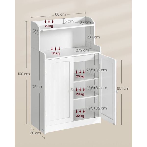 Rootz Badeværelsesskab Cloud White - Opbevaringsenhed - MDF-konstruktion - 2 låger og hylder - Stort og robust - 30cm x 60cm x 100cm
