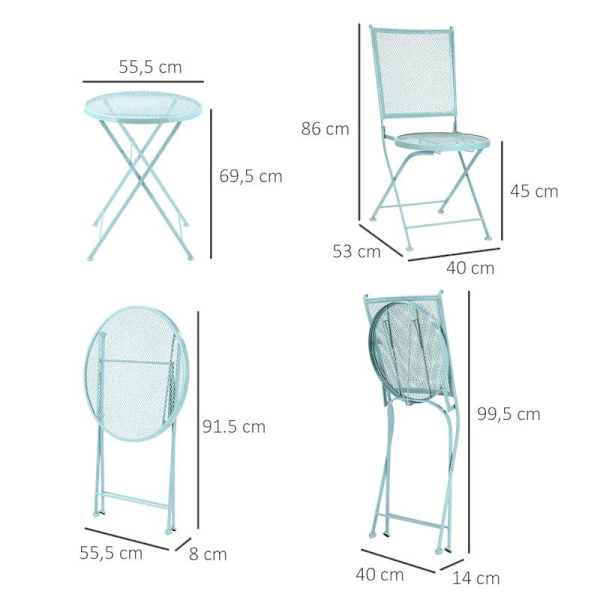 Rootz Bistro Set - Trädgårdssittplatser - Trädgårdsgruppsittplatser - Gruppsittplatser - 1 hopfällbart bord + 2 hopfällbara stolar - Metall - Ljusblå