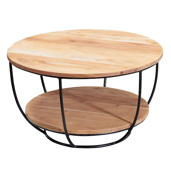 Rootz sofabord 60x34,5x60 cm akacie massivt træ - metal sofabord - Design stuebord rundt - Loungebord Industriel Brun - Bord med hylde