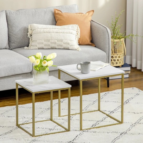 Rootz 2 sideborde - stabelbare sideborde - bordplade i marmorlook - Lille sofabord - træmateriale - guld + hvid - 45L x 45W x 50H cm