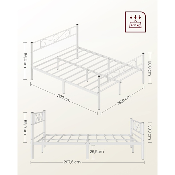 Rootzin valkoinen metallisängyn runko - King-size-vuode - jauhemaalattu runko - Heavy Duty - 207,6 cm x 161,8 cm x 86,4 cm