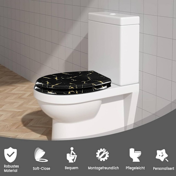 Rootz Soft Close Toalettsits - Ovalt O-format toalettlock - Duroplast - Guldglitter - 37,1 cm x 45,5 cm - Tyst stängning - 175 kg Kapacitet