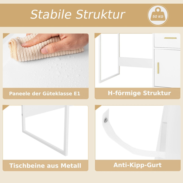 Rootz Toiletbord med LED-spejl - Vaskebord - Makeupbord - Justerbar lysstyrke, rummelig opbevaring, holdbar bygning - 90 cm x 143 cm x 39,5 cm