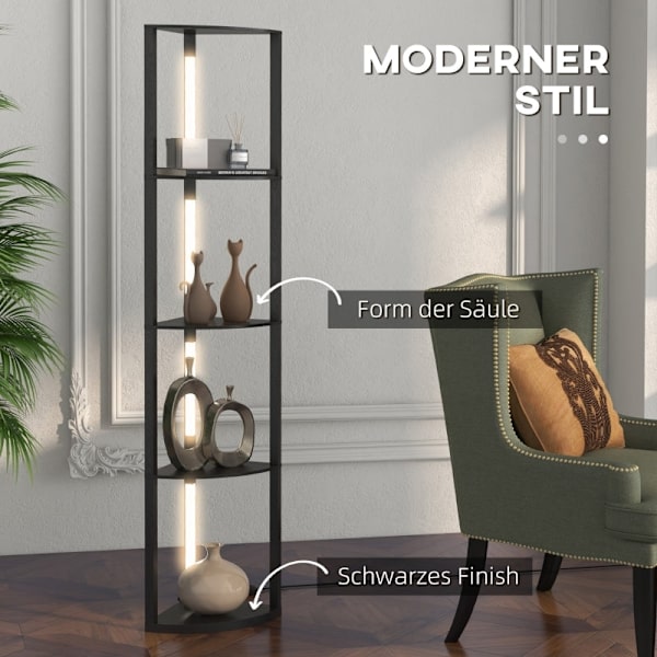 Rootz LED-lattiavalaisin hyllyllä - Moderni musta seisomalamppu - Korkea kulmalamppu - 3 kirkkaustasoa - Integroitu LED - 41 cm x 29,5 cm x 163,5 cm