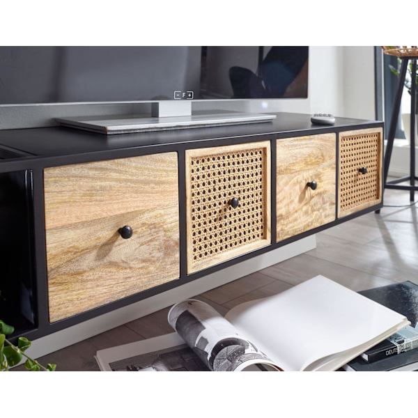 Rootz-alusta riippuva mango massiivipuu - metalli 150x25x35 cm TV-kaappi musta - Design-TV-taso moderni - TV-kaapin seinä - TV-kaappi TV-kaappi ripust