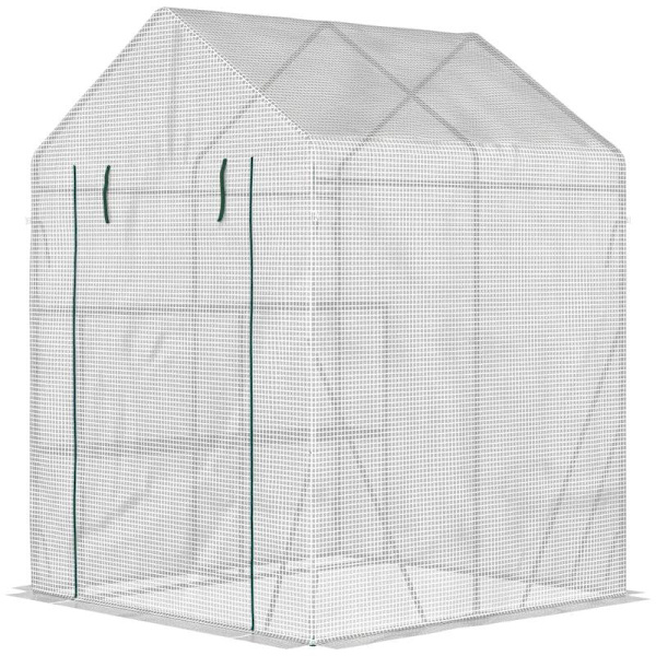 Rootz Folieväxthus - Walk In Greenhouse med 4 hyllor - Tomatväxthus - Kallram med dragkedjedörrar - Stål - PE Plast - Vit - 143 x 143 x 195 cm