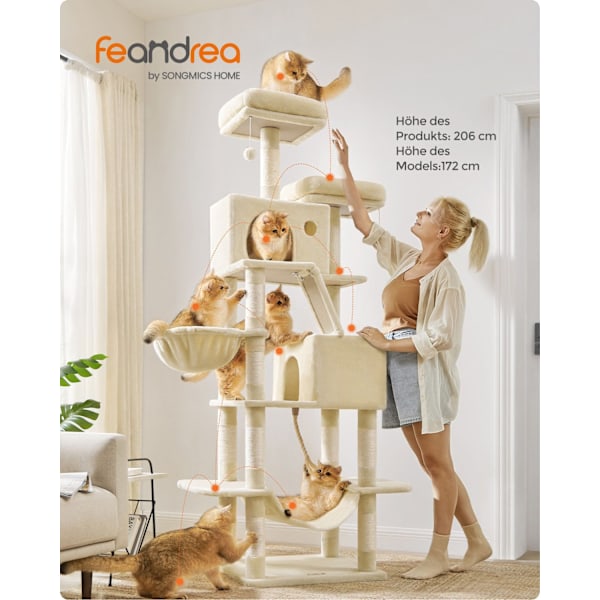 Rootz Beige Cat Tree Tower - Skrapstolpe - Klätterställning - Spånskiva Plysch Sisal - 60 cm x 50 cm x 206 cm - Robust design