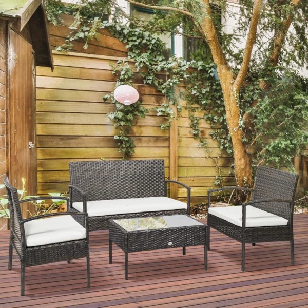 Rootz Poly Rattan Trädgårdsmöbelset - 4-delat Råttsoffset - Sittgrupp - Sittset för paus - Lounge Tebord med soffa - Sittdyna - Stål - Brun + Krämvit