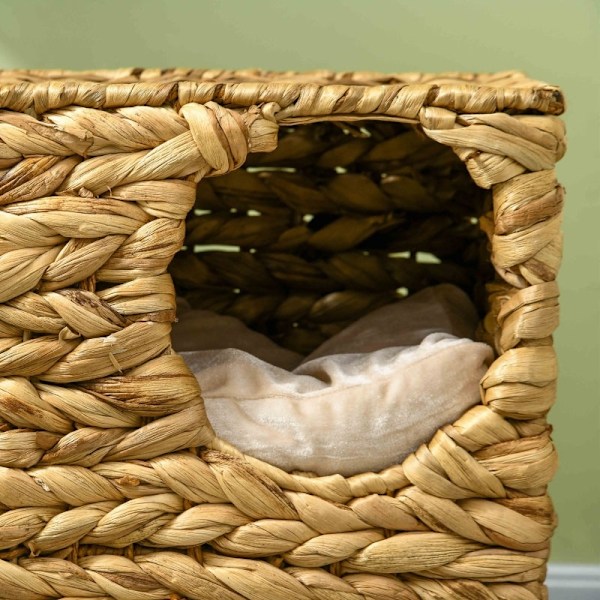 Rootz Cat Tower - Skrapstolpe - Trevånings kattlägenhet - Tvättbara kuddar - Naturligt vattenhyacint - 40 cm x 31 cm x 55 cm