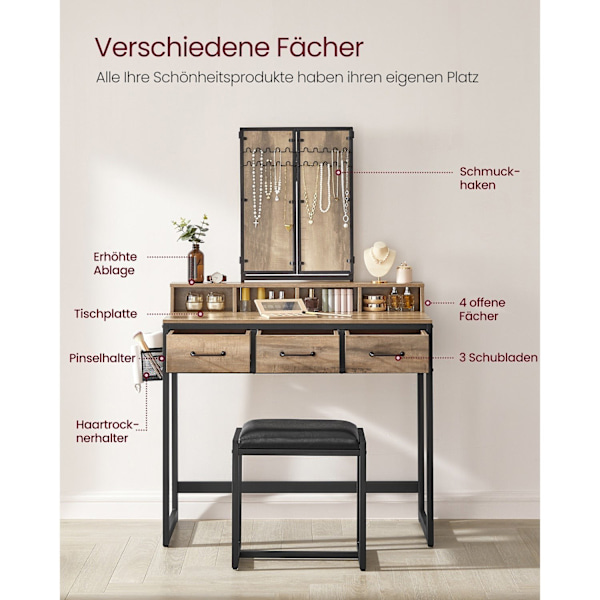 Rootz Sminkbord - Sminkbord - Spånskivakonstruktion - Ek brun-svart finish - Modern Glam Style - 40cm x 90cm x 141cm