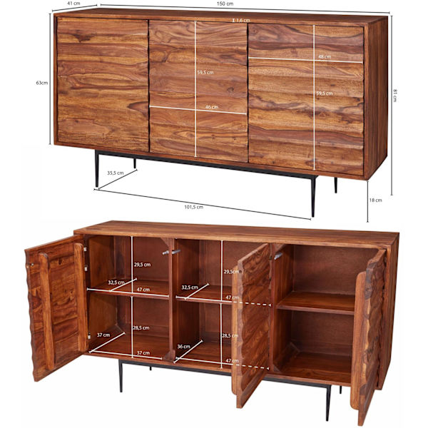 Rootz skænk Sheesham massivt træ 150x81x41 cm rustik kommode - Design Skænk Large - Høj kommode med 3 låger massivt træ - Gulvskab Stue Moderne