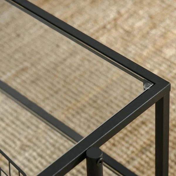 Rootz Sofabord - Sidebord - Med glasplade - Bord - Med 3 hylder - Hærdet glas/stål - Gennemsigtig/Sort - 100 x 55 x 45,5 cm