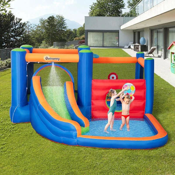 Rootz hoppeborg med rutsjebane - hoppeområde - pool - oppustelig - inkl. Elektrisk pumpe - Til op til 3 børn - Flerfarvet - 380 x 340 x 170 cm