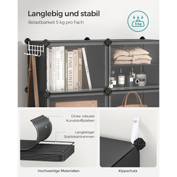 Rootz 9 Cube Storage Organizer - Sort - ABS-plastik - Stålramme - Rummelige rum - Nem montering - 32cm x 124cm x 94cm