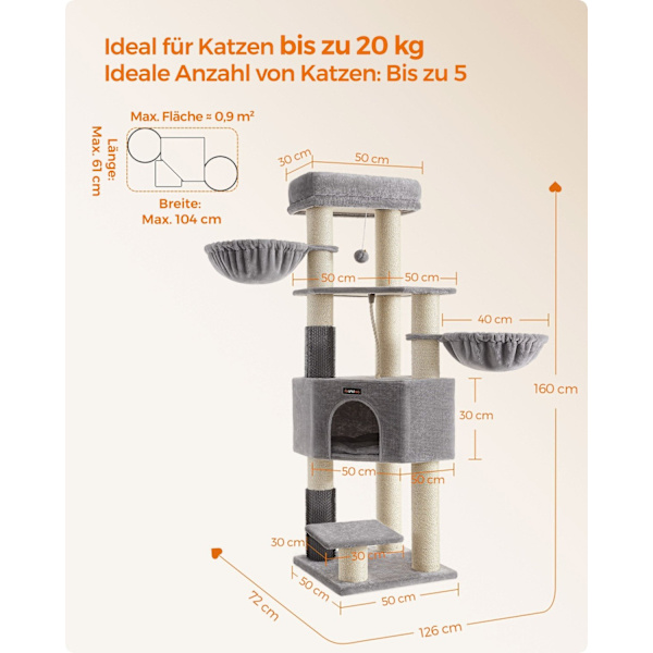 Rootz Cat Skrapstolpe - Kattträd - Kattklätterställning - Spånskivakonstruktion - Plyschöverdrag - Sisalrep - 50cm x 50cm x 160cm - Dove Grey-Cream Wh