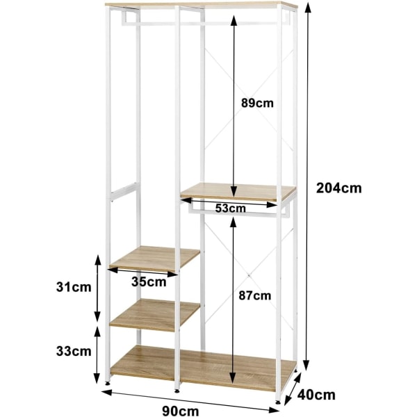 Rootz multifunktionelt tøjstativ - Organizer - Garderobestativ - Rigelig opbevaring, Alsidig placering, Holdbar konstruktion - 90 cm x 40 cm x 204,5 c