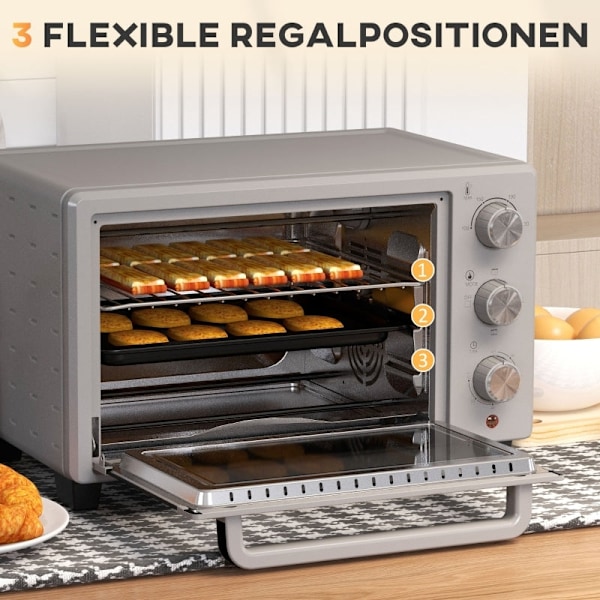 Rootz Mini Ovn - Brødrister - Brødovn - 21L Kapacitet - Justerbar temperatur - 3 tilberedningstilstande - Rustfrit stål - 46 cm x 38,5 cm x 29 cm