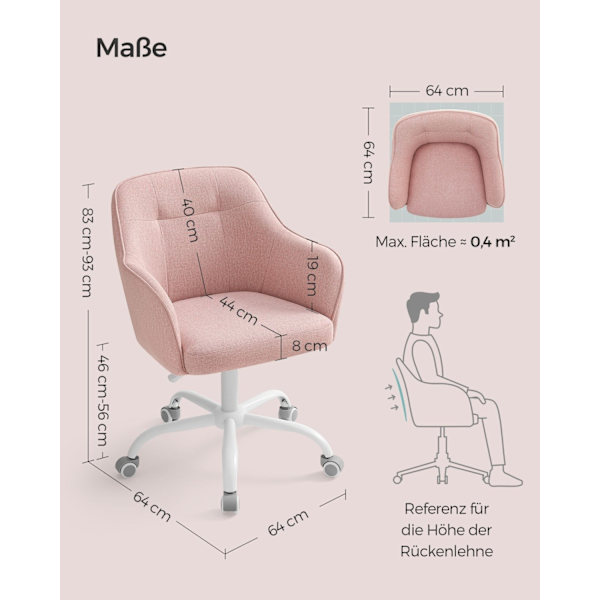 Rootz Pink Swivel Chair - Kontorsstol - Rullstol - Stålstomme - Foam Vaddering - 69cm x 65cm x (83-93cm) - Justerbar höjd