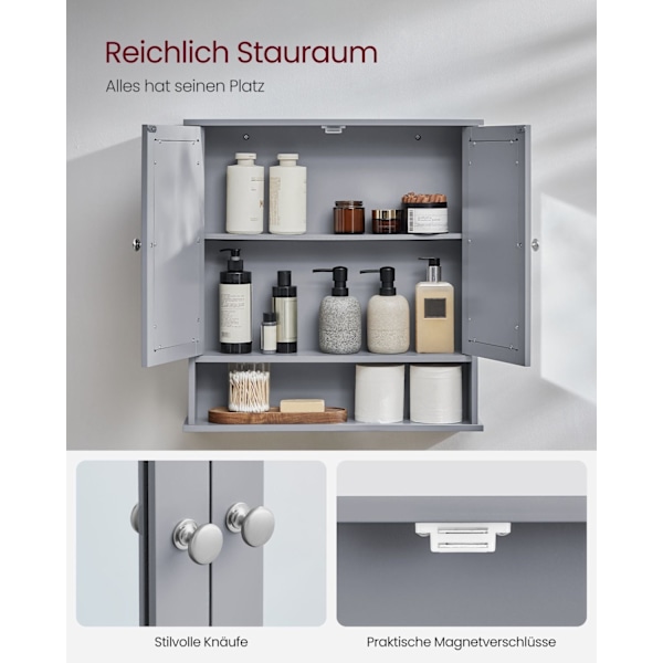 Rootz Dove Grey Spejlskab - Badeværelsesopbevaring - Vægmonteret organisering - MDF-konstruktion - Rummeligt interiør - Nem montering - 13 cm x 56,5 c