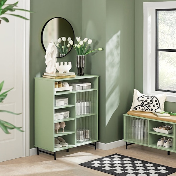 Rootz Moderne opbevaringsskab - Skænk - Entreskab - Kommode - MDF og metal med glas - Justerbar hylde - Skydedør - Stalddesign - 70 cm x 90 cm x 34 cm
