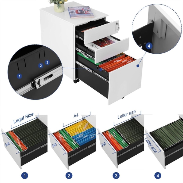 Rootz Låsbart kontorskab med hængemappe - Under skrivebord med 3 skuffer - Formonteret - Til arkiver og dokumenter - Hvid (52 x 39 x 60 cm)