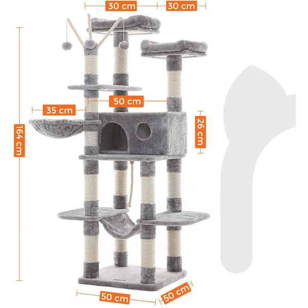 Rootz Cat Tree - Skrapstolpe - Hängmatta - Cat Cave - 6 nivåer - Grå - Beige - 50 x 50 x 164 cm
