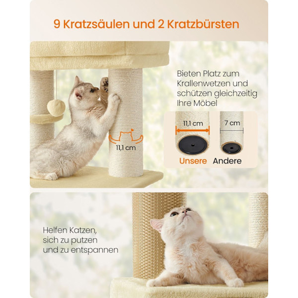Rootz Cat Tree Tower - Skrapstolpe - Cat Scratcher - Spånskiva plysch - Idealisk för flera katter - 50 cm x 50 cm x 160 cm