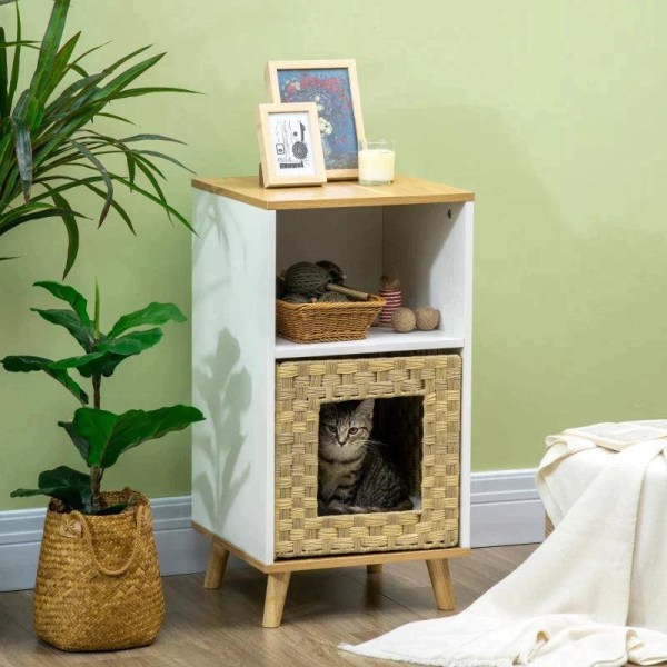 Rootz Cat House - Rattan Cat Cave med opbevaring - Vaskbare puder - Eg + Hvid + Beige - 40cm x 40cm x 77cm