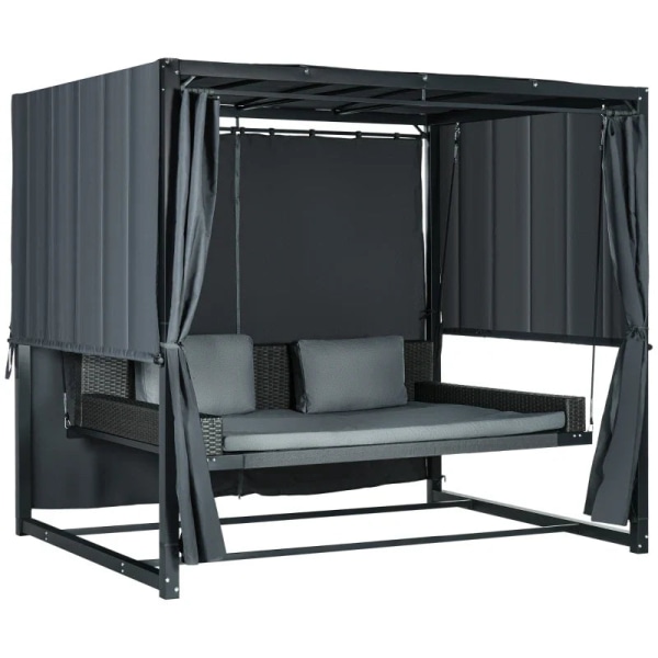 Rootz Outdoor PE rottingsängsäng - Skydd med kuddar - Pergola Gazebo - Väderbeständig - Grå - 235cm x 180cm x 210cm