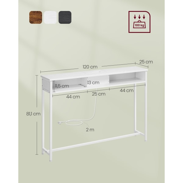 Rootz Snehvide spånpladestålsidebord - Endebord - Natbord - Power Strip - Letvægts - Robust - Nem montering - 25 cm x 120 cm x 81,1 cm