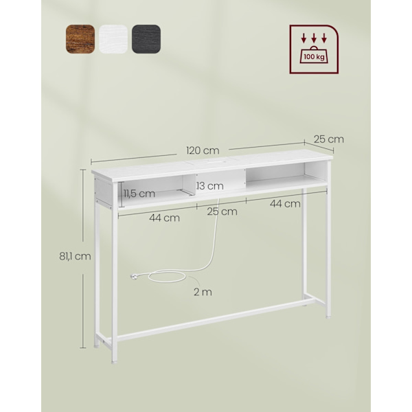 Rootz Snövit spånskiva stål sidobord - Ändbord - Nattduksbord - Power Strip - Lätt - Robust - Enkel montering - 25 cm x 120 cm x 81,1 cm